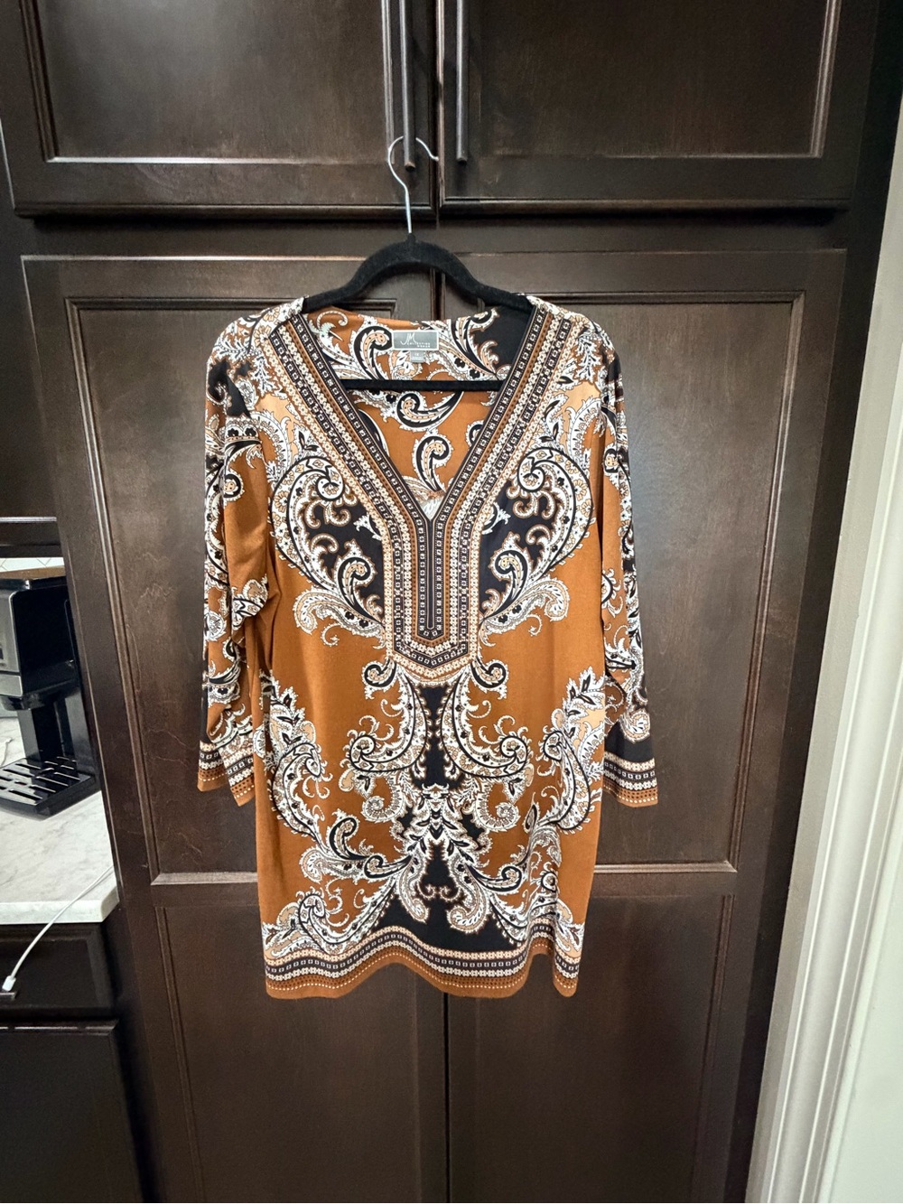 JM Collection Paisley V-Neck Tunic in Brown and Black